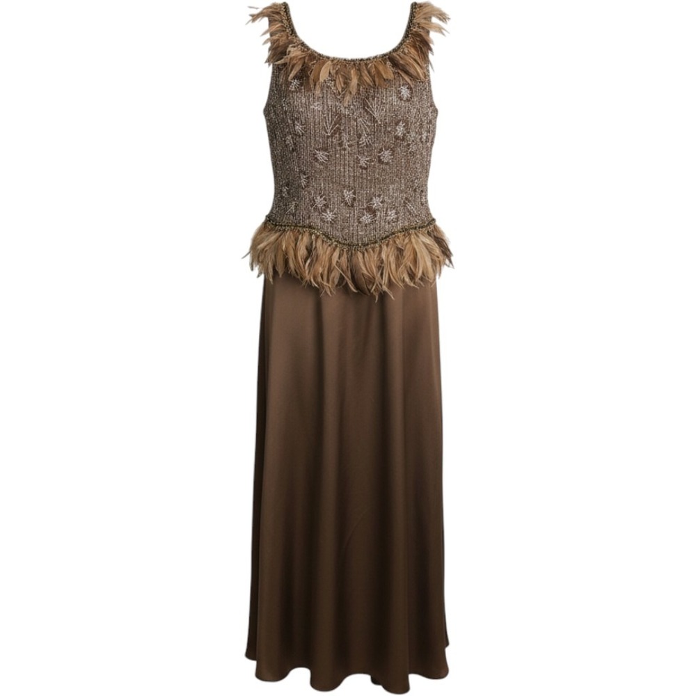 Vtg Victoria Royal Silk Beaded Feather Trim Evening Gown Bronze Brown 12 Gala
